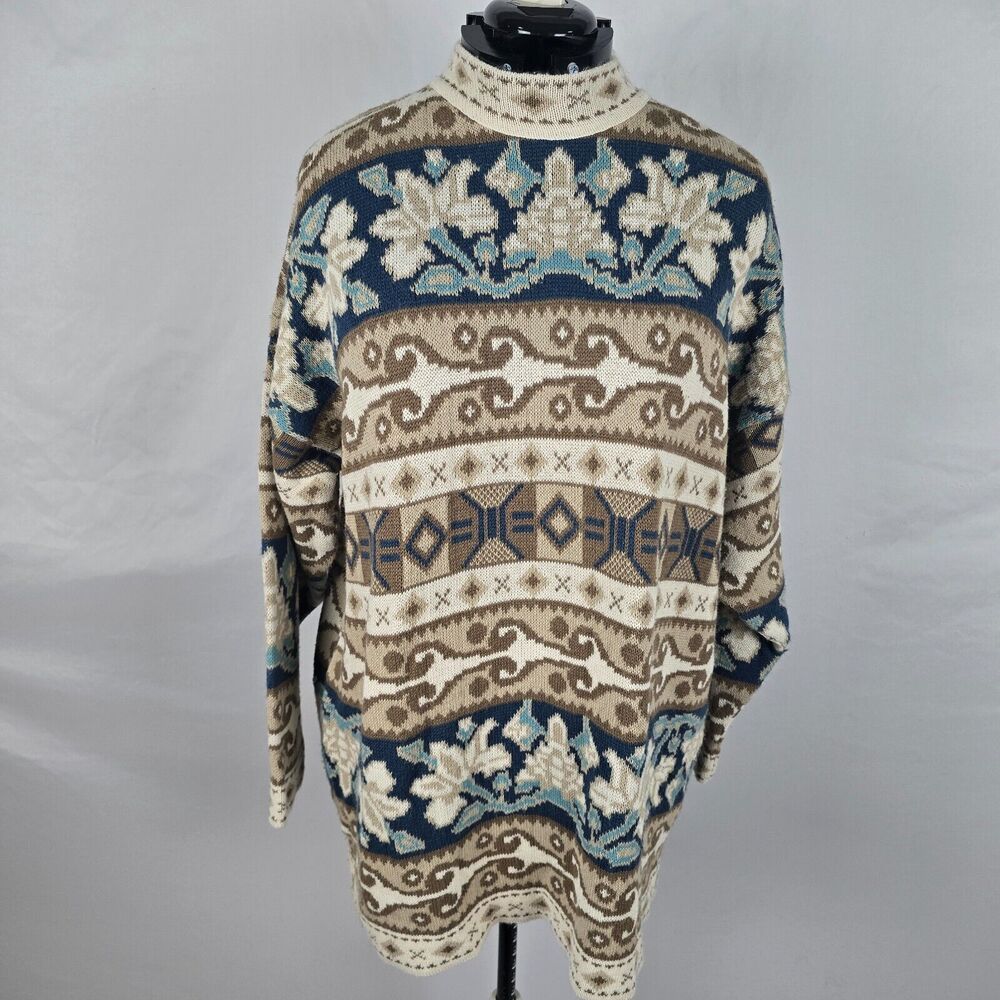 Forelli Sweater Women's 31 Eur / 12 USA Blue Tan Knit Mock Neck Long Sleeve Vtg